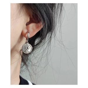 Silver coin portrait pendant earrings with minimalist hoop design for women