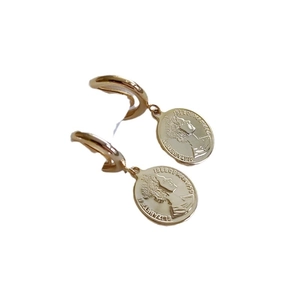 Vintage gold coin earrings with Elizabeth II portrait in 1990 retro metal style