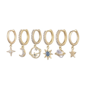 Macro view of six-piece celestial hoop earring set with gold finish and zircon stones