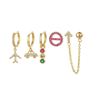 Five-piece gold earring set with zircon charms including airplane and car shapes