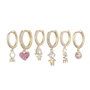 Detailed set of 6 gold lever-back earrings with pink zircon hearts and love charms