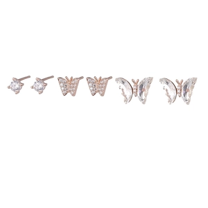Three-pair rose gold butterfly earring set with sparkling clear zircon stones