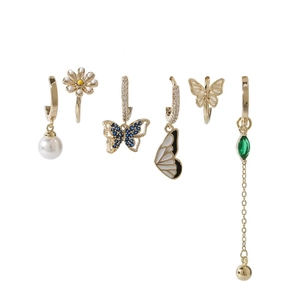 Star and moon gold earring set with pearls and enamel butterfly pendants