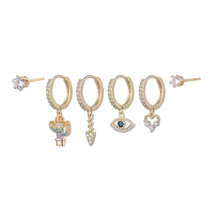 Golden star moon earrings set with zircon cactus evil eye and heart charms