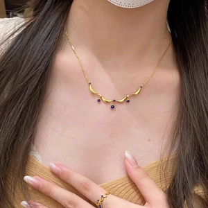 Crescent Moon Pendant Necklace Copper Gold Plated Blue Round Stone White Zircon French Retro Clavicle Chain For Women