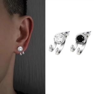 Hip hop style sparkling stud earrings for men and women in silver with double hook design