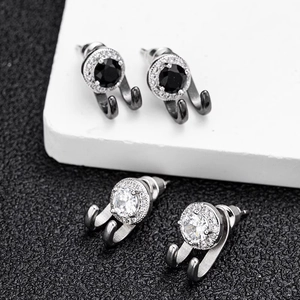 Stud Earrings Double Hook Curved Ear Jackets Round Cubic Zirconia Copper Luxury Hip Hop Fashion Jewelry For Men Women