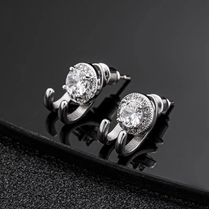 Hip hop style silver J-shaped earrings with round white zircon and pavé crystals