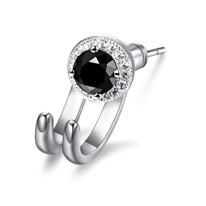 Hip hop silver earrings with round black center stone and sparkling halo detail