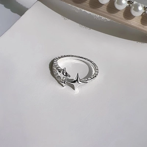 Minimalist silver meteor star ring with textured band shown on elegant white backdrop
