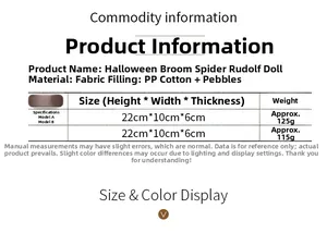 Size chart showing technical specifications for Halloween Rudolph gnome spider doll