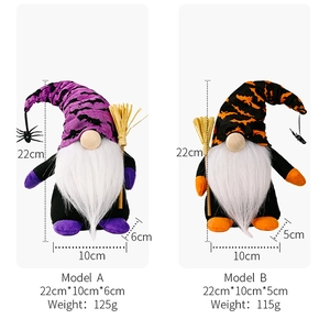 Halloween gnomes with bat print hats and brooms showing dimensions and weights