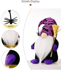Detail display of Halloween gnome with spider hat, white whiskers and wooden broom