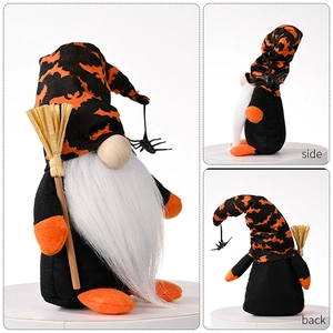 Multiple views showing side and back details of Halloween gnome with broom and spider