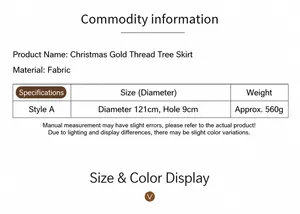 Detailed size chart for 121cm Christmas gold thread tree skirt with fabric material specs