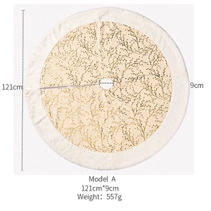 Detail of 121cm Christmas tree skirt with golden leaf pattern and white faux fur trim