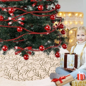 Christmas tree skirt with gold branch patterns and white faux fur edge for holiday decor