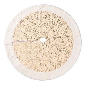 Round beige Christmas tree skirt with golden foil branch patterns and white faux fur trim