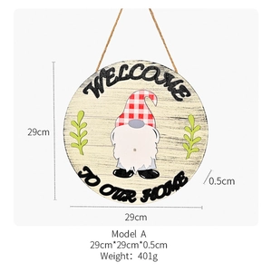 Close-up of wooden welcome sign with gnome design and detailed product dimensions