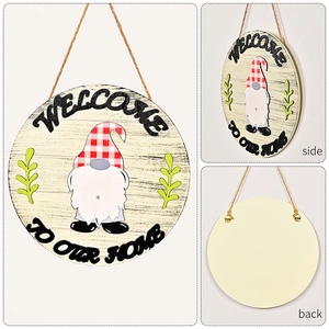 Three-way view of wooden Welcome To Our Home round sign with gnome and green leaves