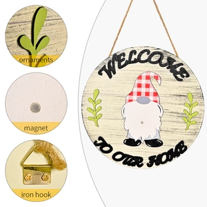 Wooden Welcome To Our Home sign with interchangeable gnome ornaments and magnet hook