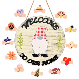 Wooden gnome welcome sign with 12 interchangeable seasonal icons for home wall decor
