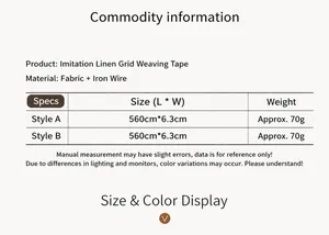 Detailed specification chart for 6.3cm wide buffalo plaid linen ribbon with iron wire
