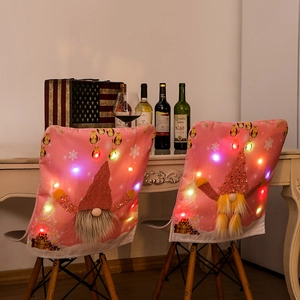 Pink Christmas Chair Cover With LED Lights Gnome Design Sequin Non-Woven Fabric Festive Dining Table Decoration
