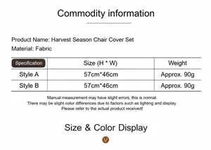 Size chart showing harvest theme chair cover dimensions 57x46cm in fabric material