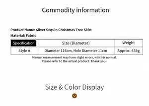 Size chart for silver sequin Christmas tree skirt featuring 116cm diameter specifications