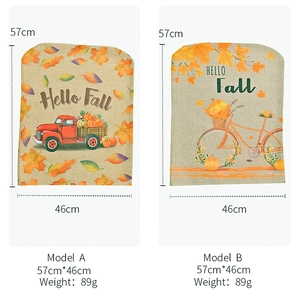 Detail of harvest chair covers with pumpkin truck design and 57x46cm size specs