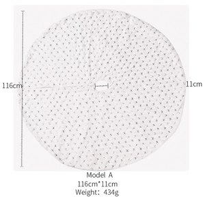 Detail view of 116cm silver sequin Christmas tree skirt with cross pattern and size specs
