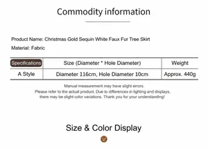 Detailed size chart for the 116cm silver sequin Christmas tree skirt with plush white fabric