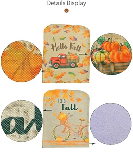 Detail view of burlap harvest chair covers with pumpkin truck and bicycle prints