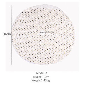 Detail of 116cm white Christmas tree skirt with golden star patterns and model A specs
