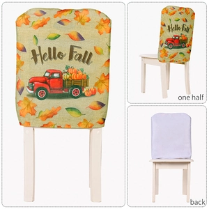Detailed views of Hello Fall harvest chair covers with red truck and pumpkin patterns
