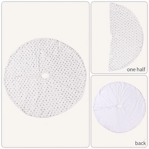 Detailed views of round white knitted Christmas tree skirt with black cross-stitch pattern