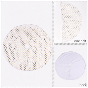 Detailed views of silver sequin Christmas tree skirt with white base and gold stars