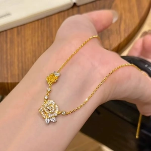 Collana Pendente Doppia Rosa Ottone Placcato Oro Zirconia Lusso Francese Gioielli Eleganti Per Donne Catena Da Clavicola