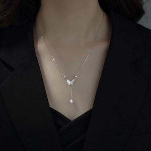 Butterfly Tassel Pendant Necklace Copper Zircon Faux Artificial Pearl Elegant Y-Shape Korean Style Jewelry For Women