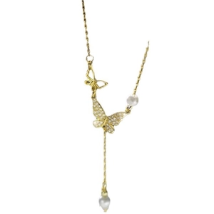 Elegant gold butterfly Y-shaped necklace with micro-pave zircons and white pearl accents