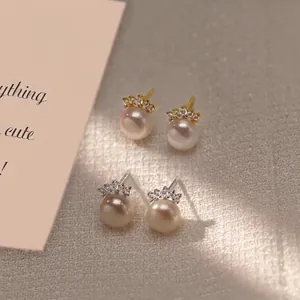 Elegant Crown Artificial Pearl Stud Earrings With Rhinestones And Silver Earring Post Vintage French Style For Women