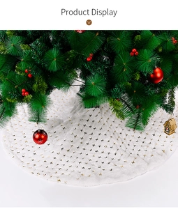 Detailed view of white faux fur Christmas tree skirt with gold star embroidery