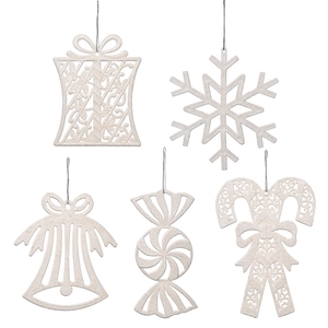 5-piece white glitter Christmas ornaments set featuring snowflake, bell, and candy cane