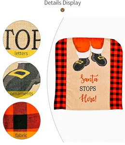 Macro details of buffalo plaid Christmas chair cover fabric and Santa Stops Here print