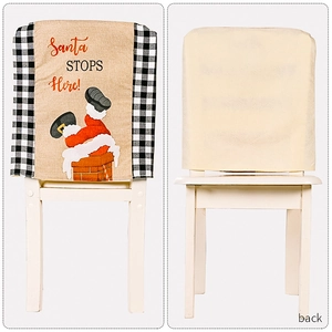 Detailed front and back view of Santa STOPS Here! chair covers with plaid borders