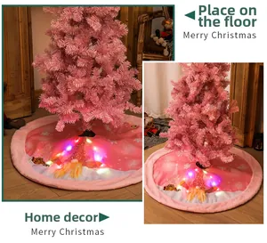 Detail of pink plush Christmas tree skirt with glowing LED lights and gnome patterns