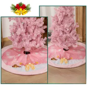 Detail of pink Christmas tree skirt with festive gnome patterns and plush white borders