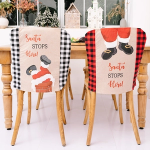 Christmas Chair Covers Faux Linen Plaid Border Santa Claus Print Dining Room Holiday Party Home Decor Back Slipcovers