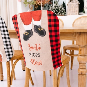 Christmas chair covers set with Santa STOPS Here print and classic plaid pattern
